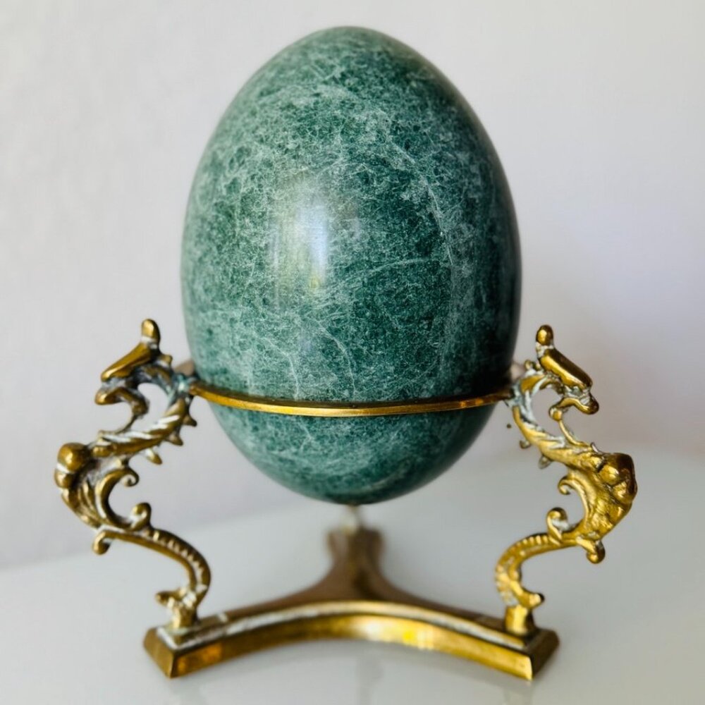 Vintage Large Granite Egg with Brass Tripod Stand – Made in Korea